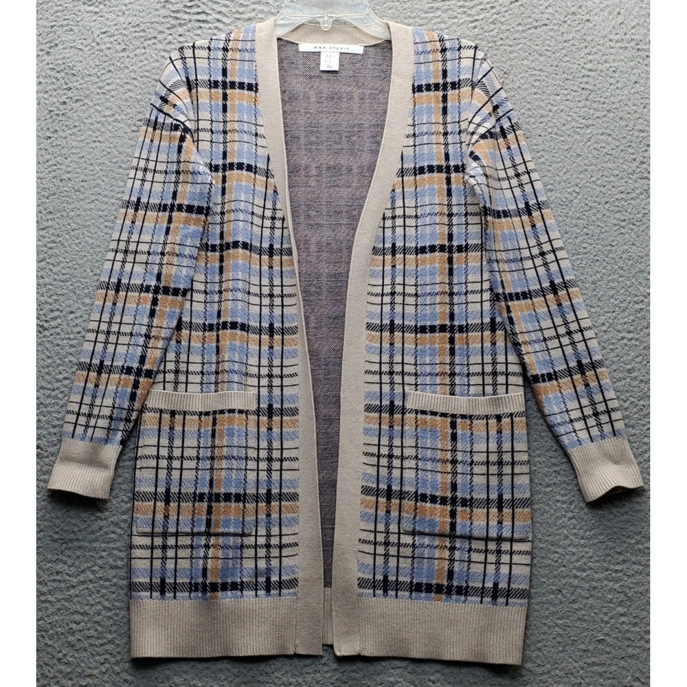 Max Studio Cardigan Sweater Womens XS Multi Plaid Knit Long Sleeve Open Front